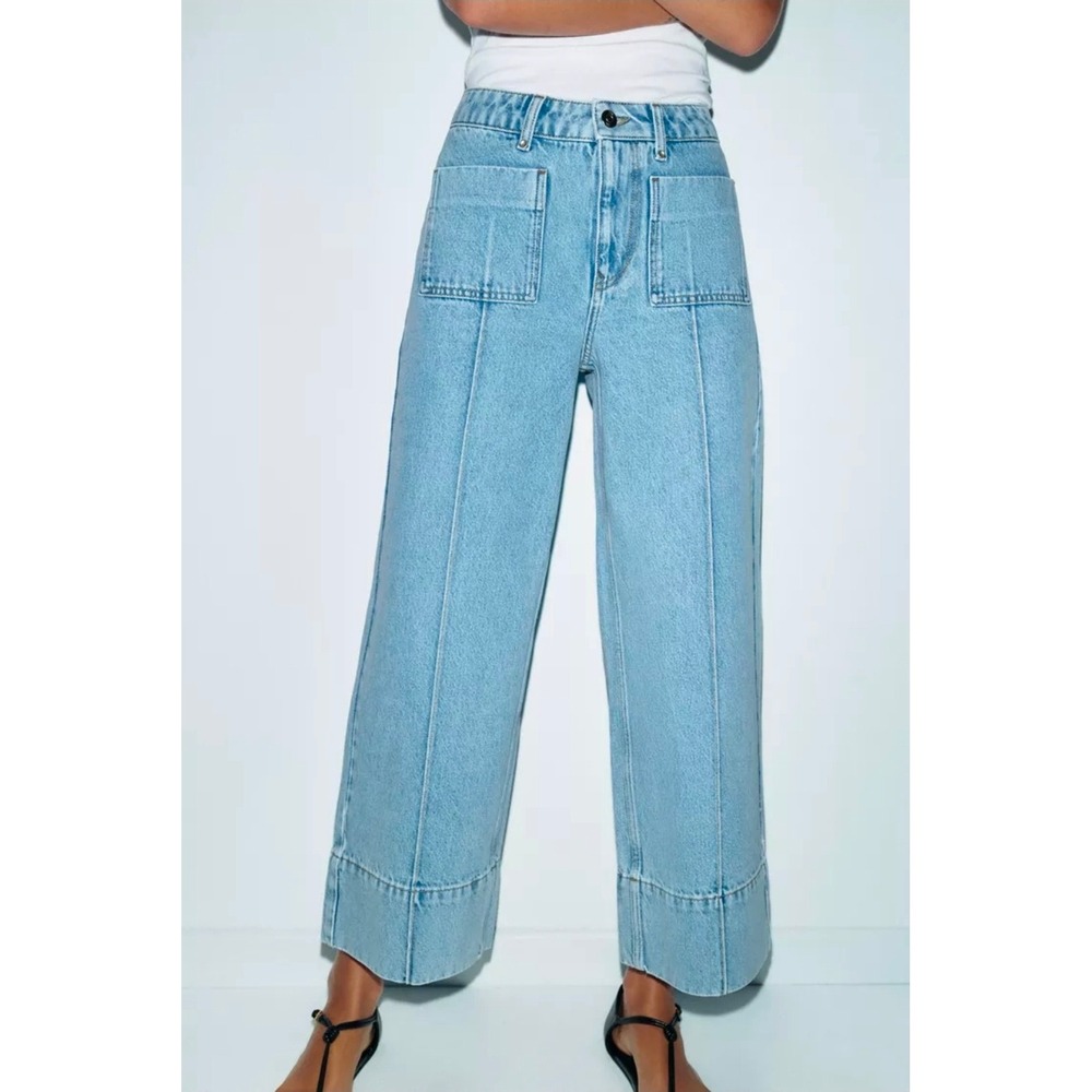 NWT Zara Wide Leg High Waist Cropped Jeans Light Wash Blue Denim 5862/051 size 2